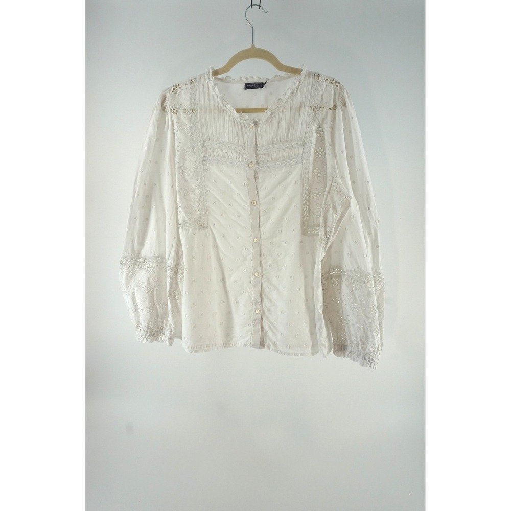 Vineyard Vines Blouse Eyelet Lace Pintuck Romantic Boho Cottagecore White XL